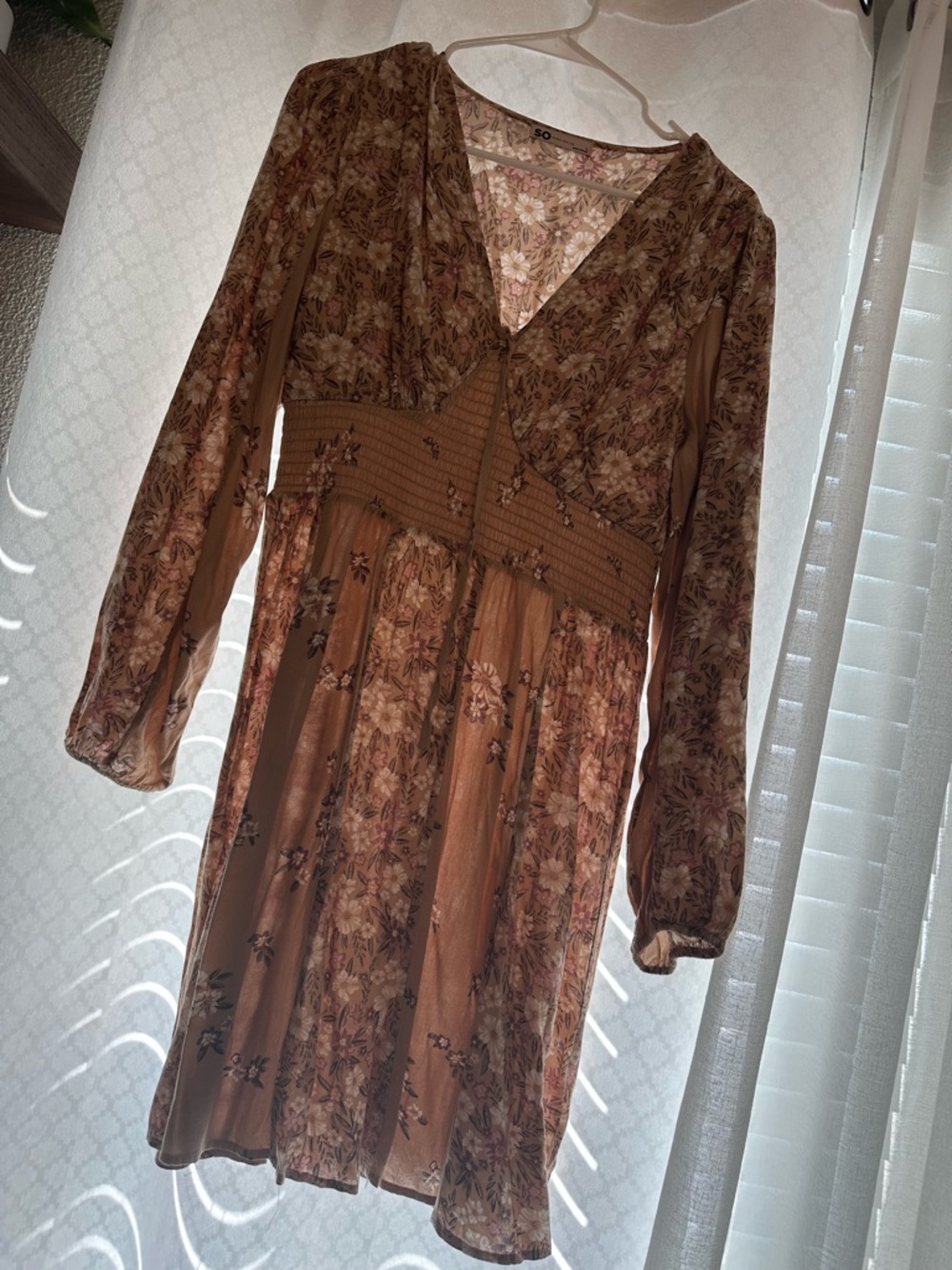 SO Brown Floral Long-Sleeve V-Neck Dress